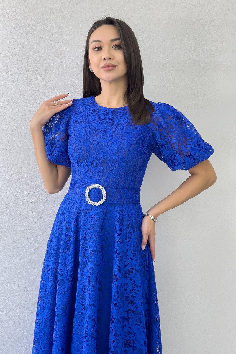 Women's Saxe Balloon Sleeve Maxi Belted Lace Dress