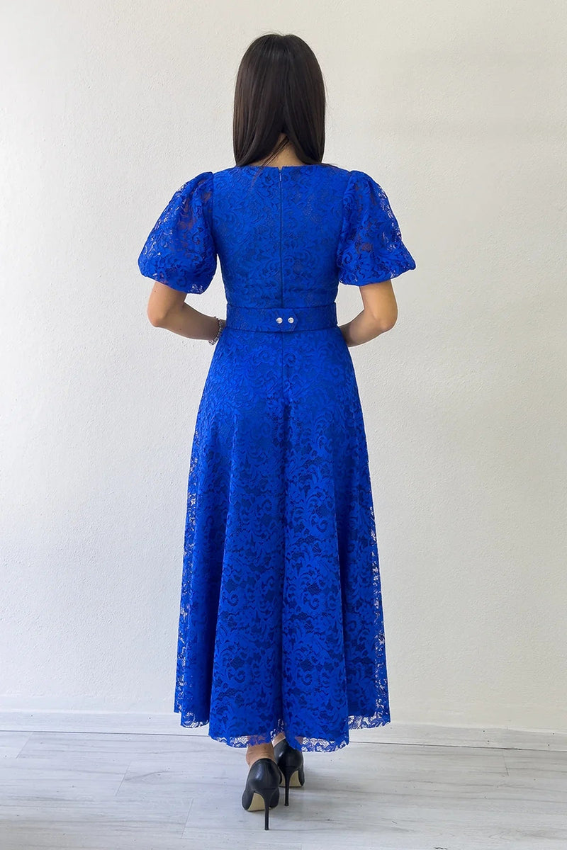 Women's Saxe Balloon Sleeve Maxi Belted Lace Dress