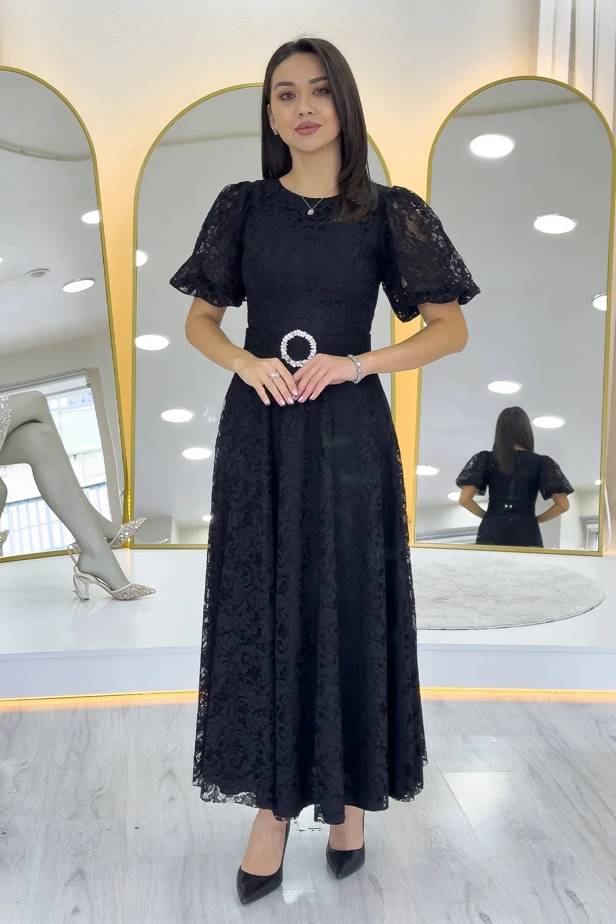 Women's Black Balloon Sleeve Maxi Belted Lace Dress