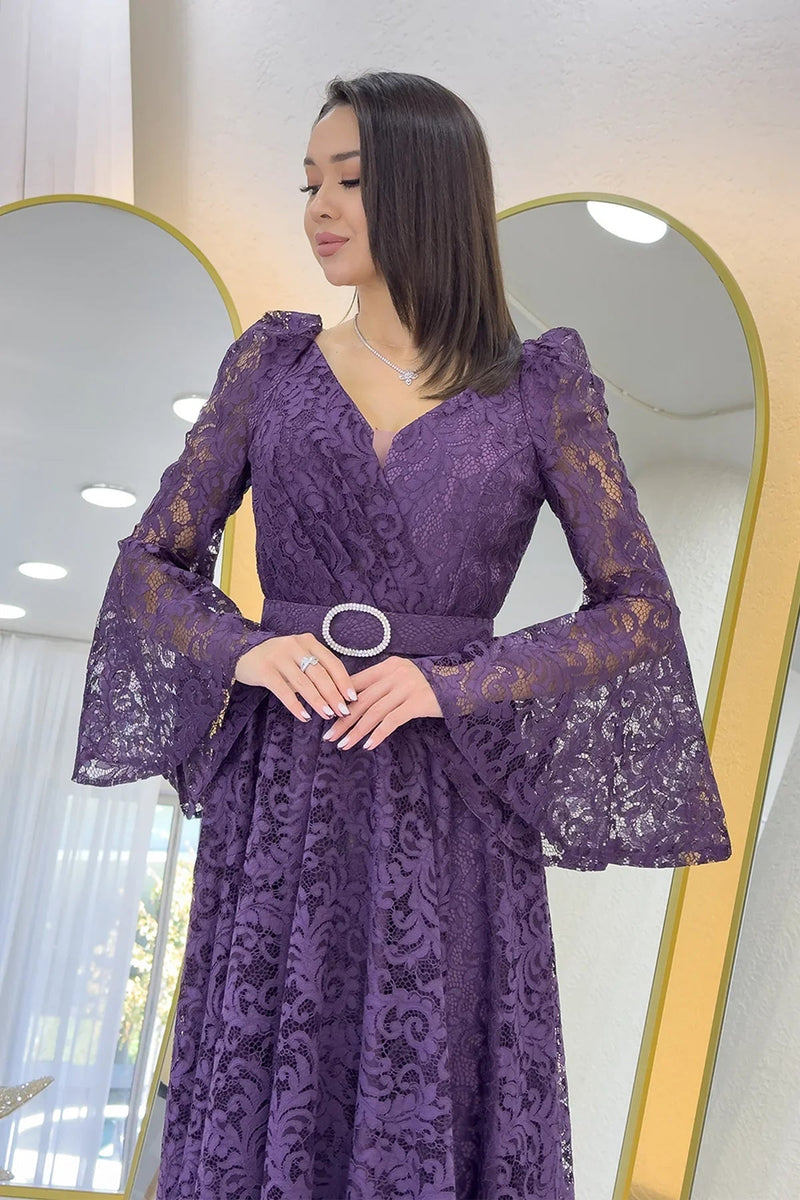 Women's Açık Purple Wrap Neck Kemer Detail Laceli Long Sleeve Midi Dress
