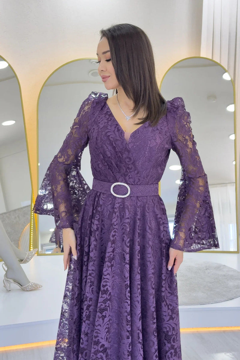 Women's Açık Purple Wrap Neck Kemer Detail Laceli Long Sleeve Midi Dress