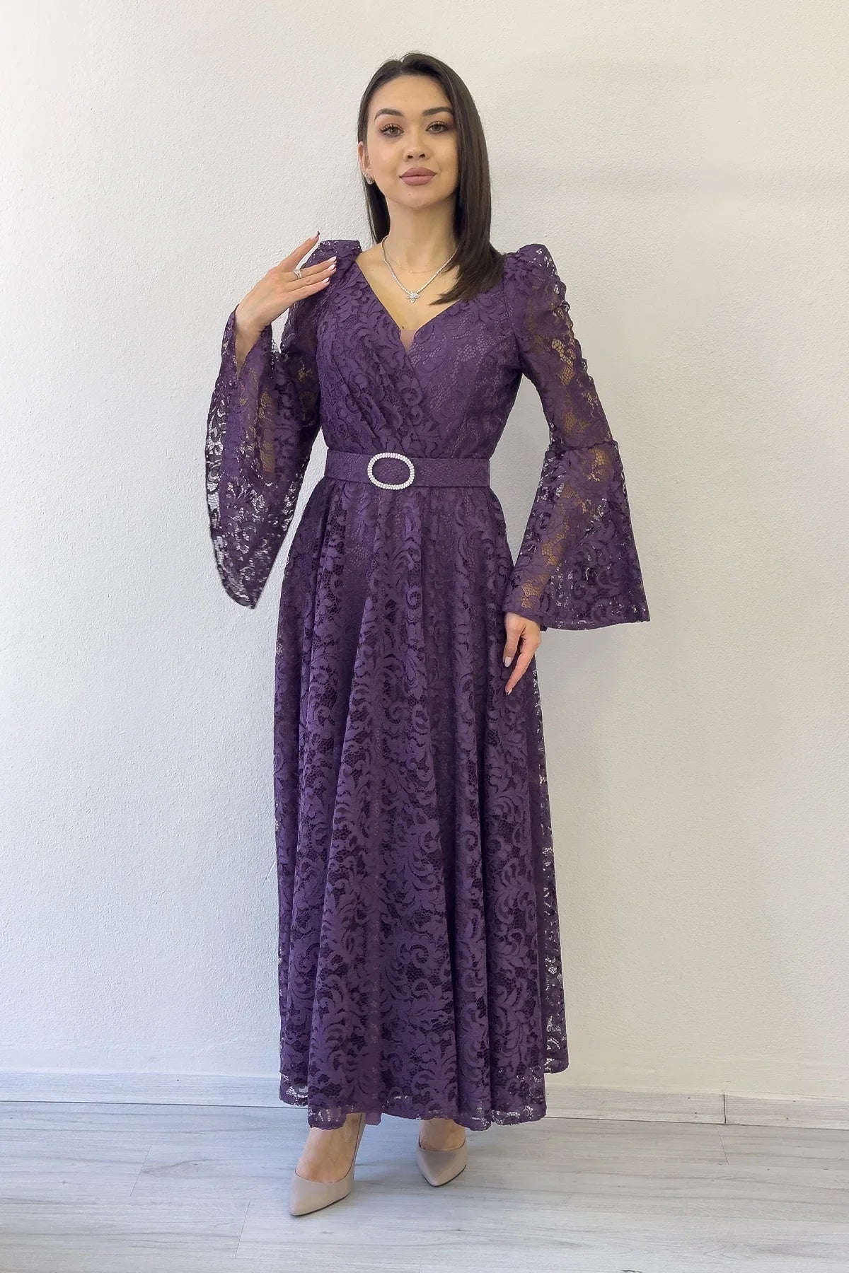 Women's Açık Purple Wrap Neck Kemer Detail Laceli Long Sleeve Midi Dress
