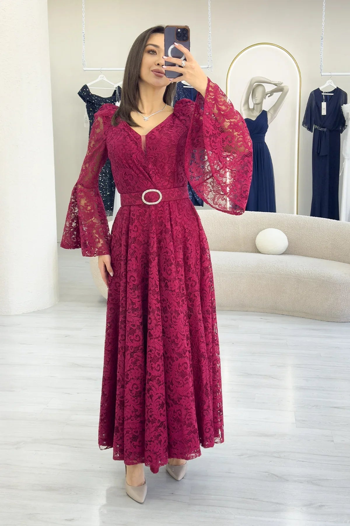 Women's Burgundy Wrap Neck Kemer Detail Laceli Long Sleeve Midi Dress