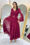 Burgundy Lace Midi Length Flared Evening Dress