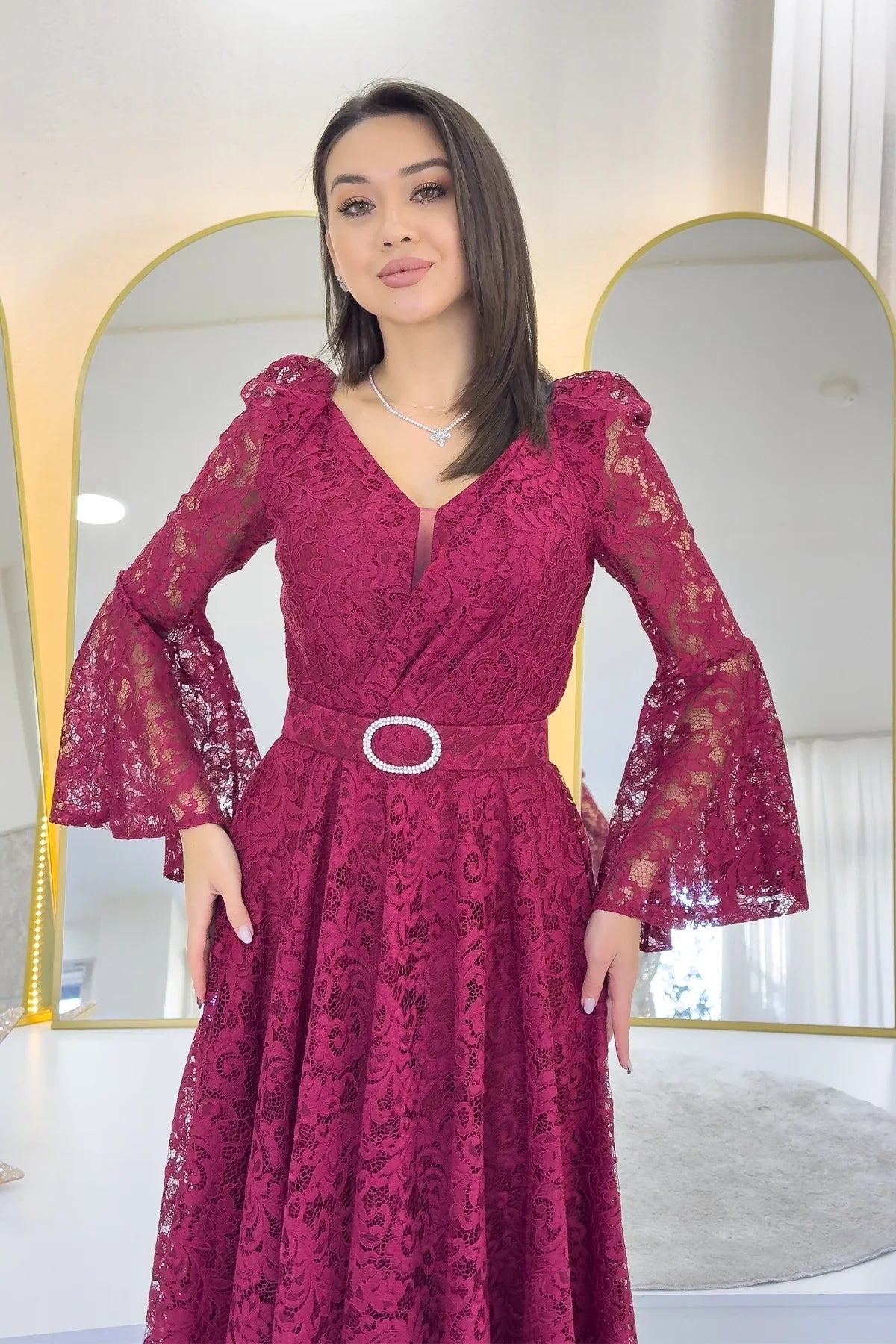 Women's Burgundy Wrap Neck Kemer Detail Laceli Long Sleeve Midi Dress