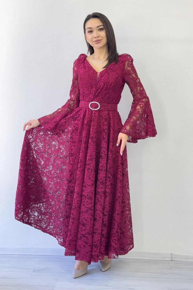 Women's Burgundy Wrap Neck Kemer Detail Laceli Long Sleeve Midi Dress
