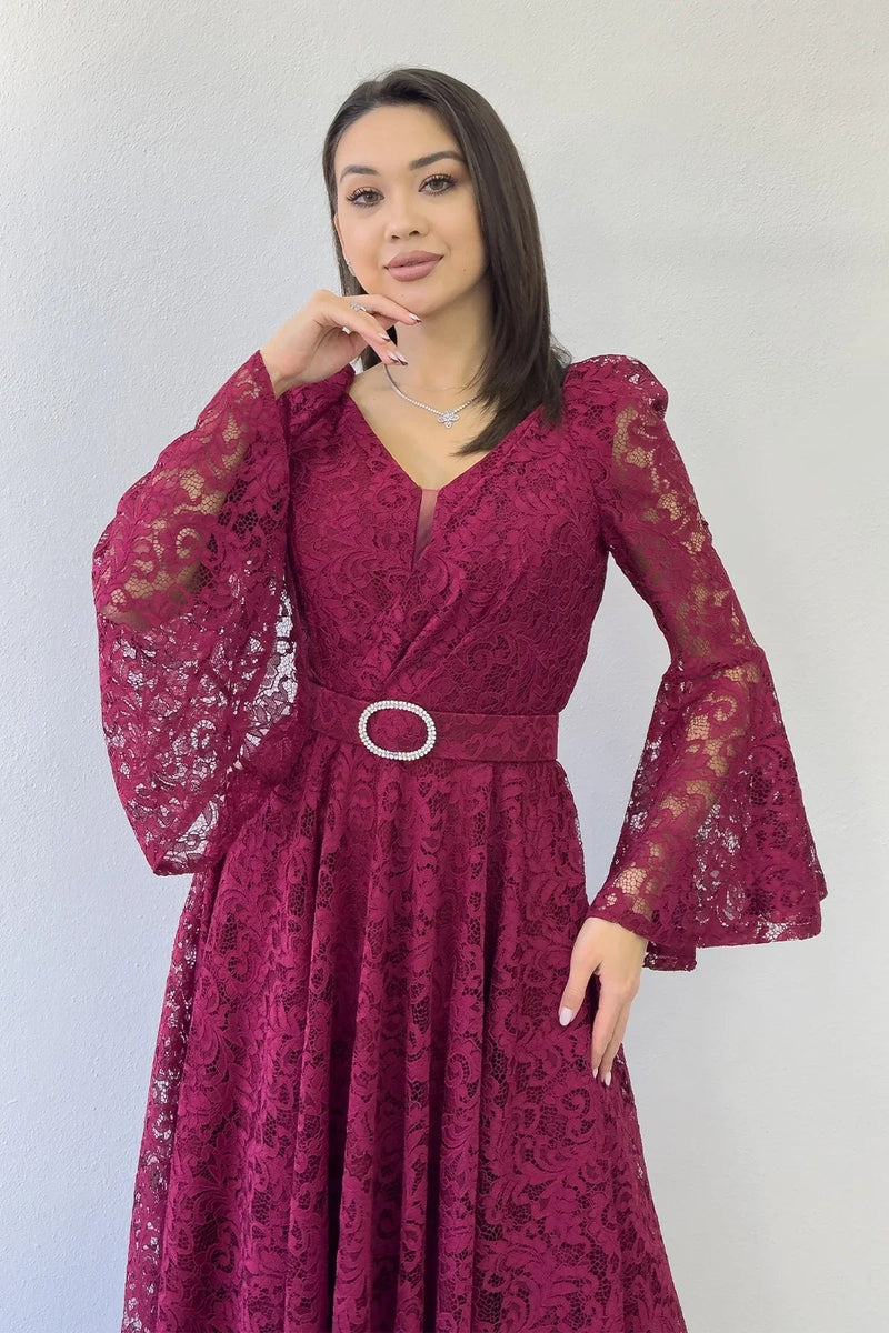Women's Burgundy Wrap Neck Kemer Detail Laceli Long Sleeve Midi Dress