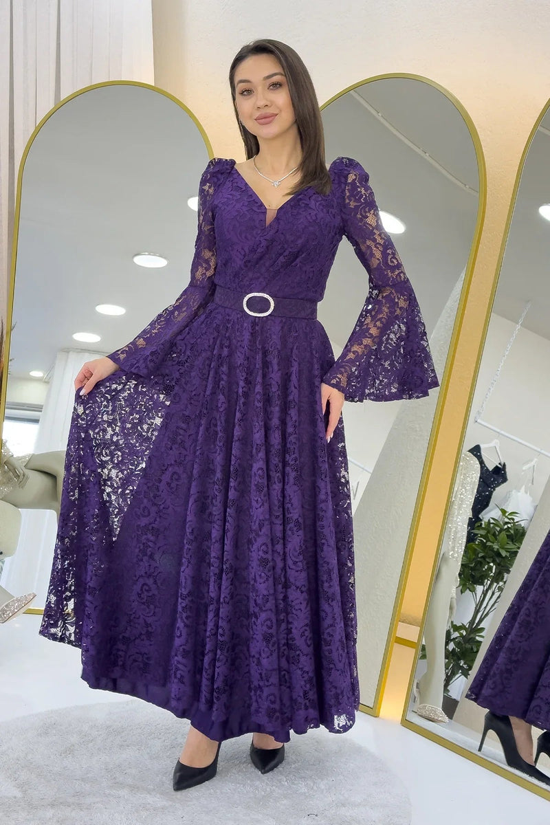 Women's Purple Wrap Neck Kemer Detail Laceli Long Sleeve Midi Dress