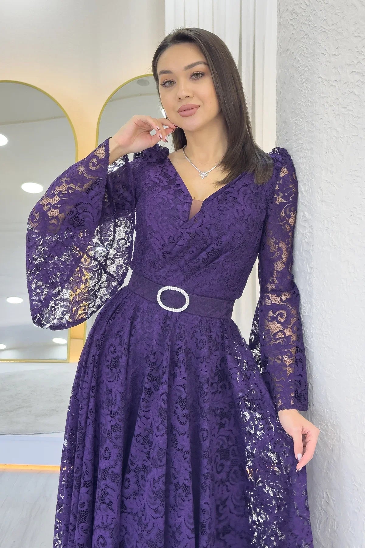 Women's Purple Wrap Neck Kemer Detail Laceli Long Sleeve Midi Dress