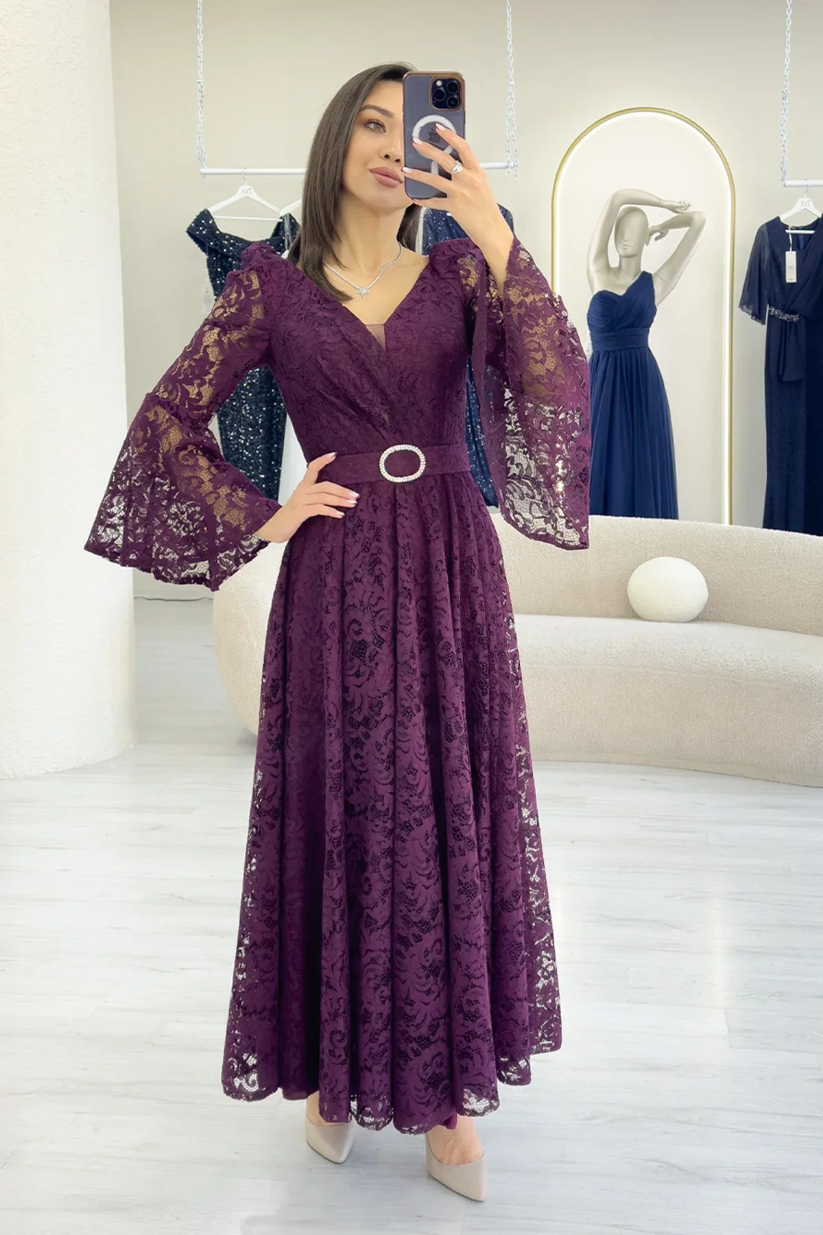 Women's Plum Wrap Neck Kemer Detail Laceli Long Sleeve Midi Dress