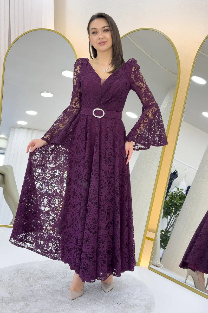 Women's Plum Wrap Neck Kemer Detail Laceli Long Sleeve Midi Dress