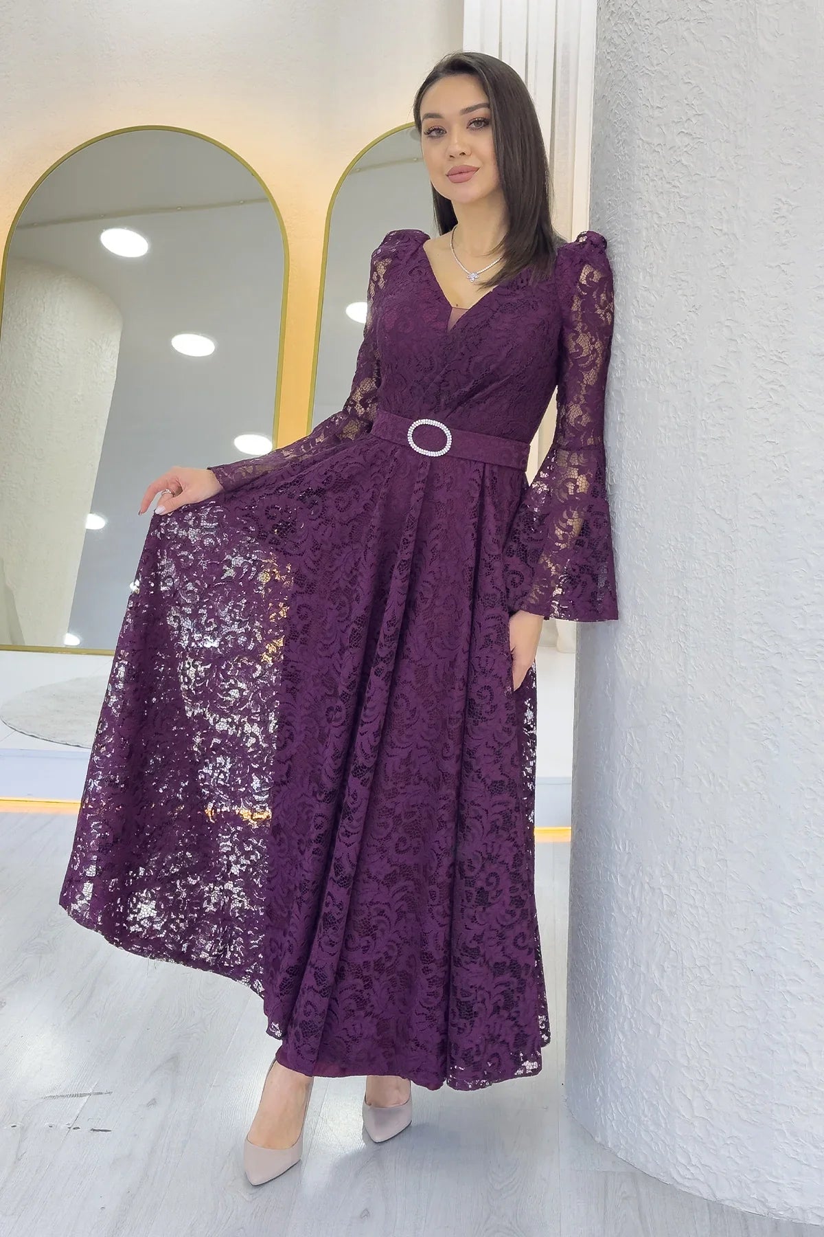 Women's Plum Wrap Neck Kemer Detail Laceli Long Sleeve Midi Dress
