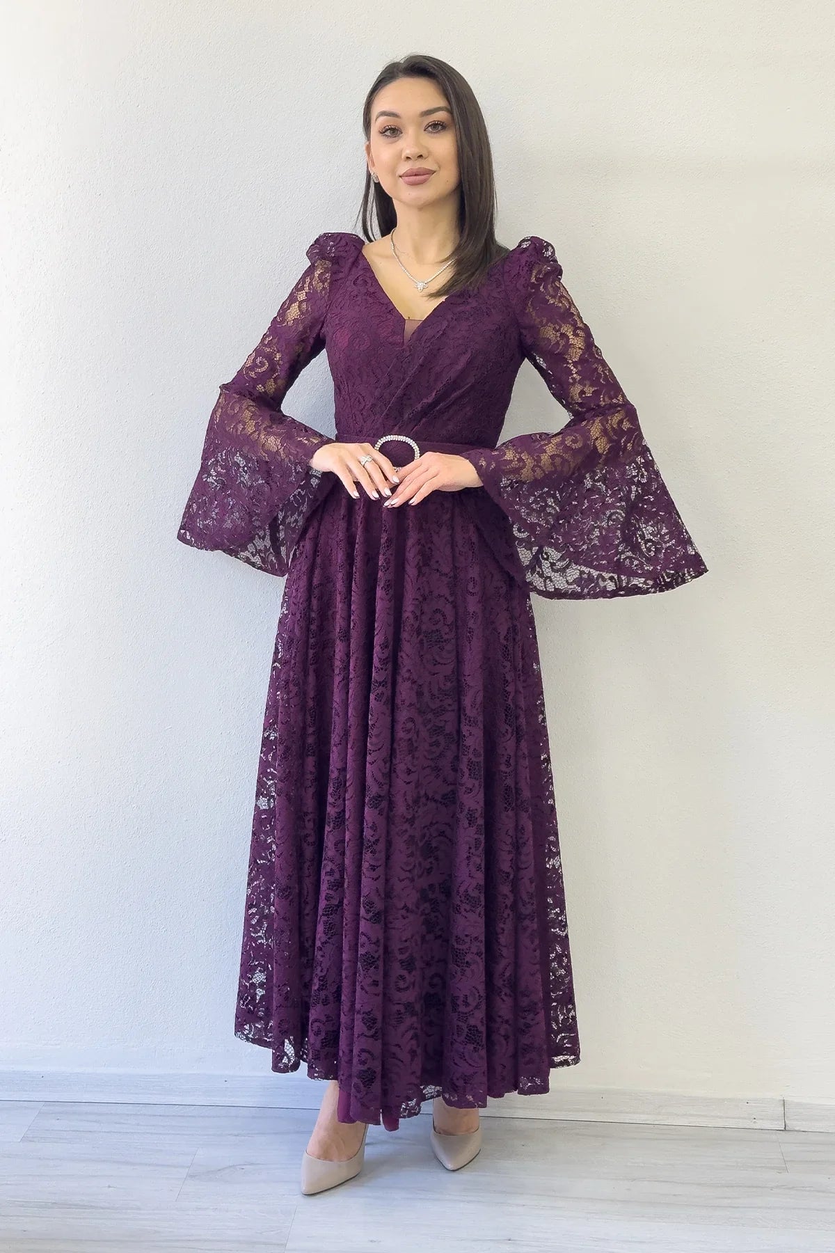 Women's Plum Wrap Neck Kemer Detail Laceli Long Sleeve Midi Dress