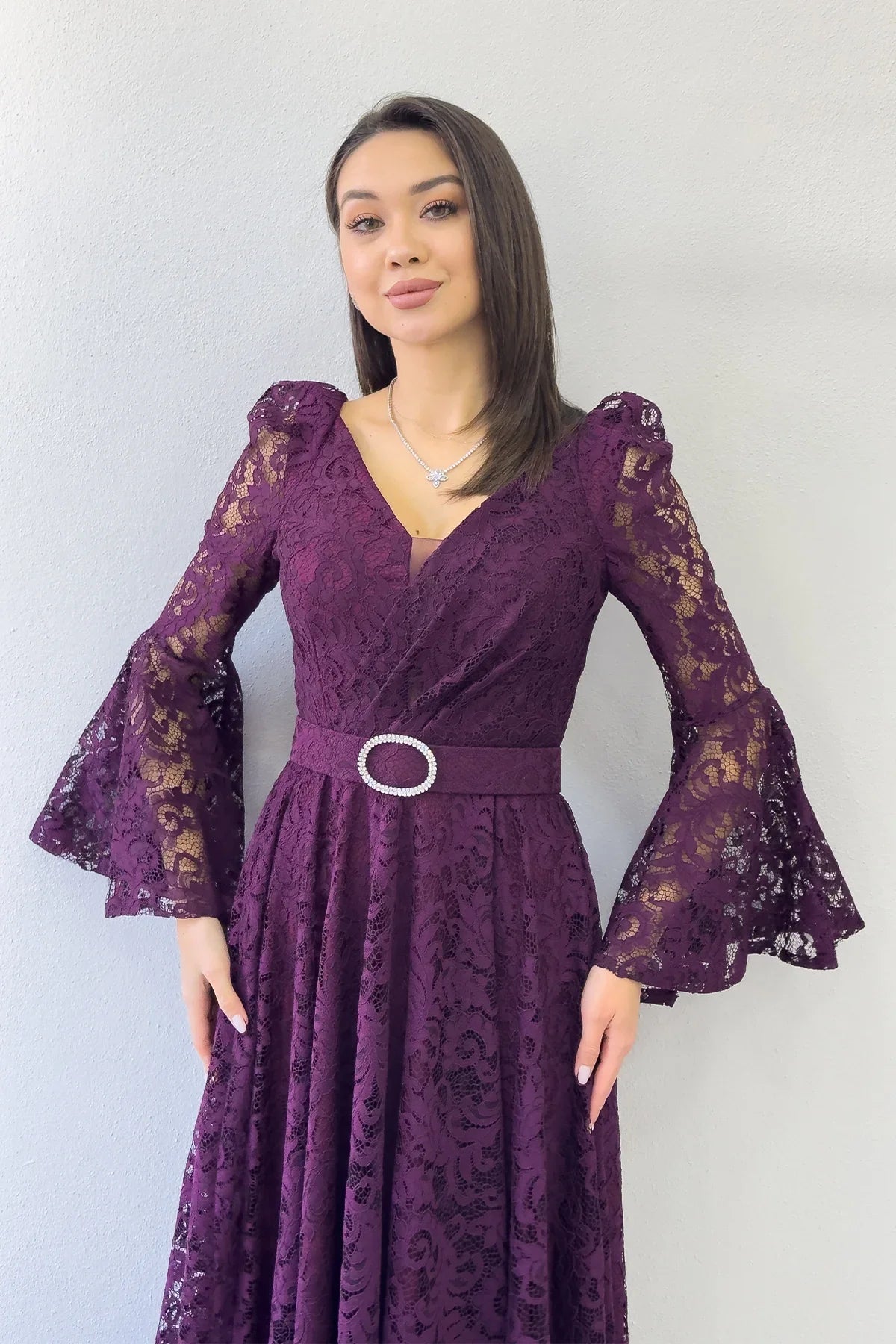 Women's Plum Wrap Neck Kemer Detail Laceli Long Sleeve Midi Dress