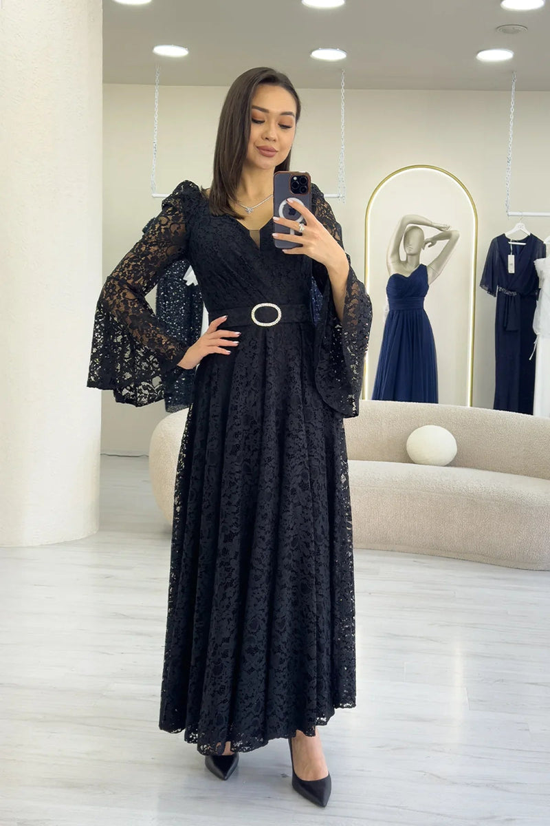 Women's Black Wrap Neck Kemer Detail Laceli Long Sleeve Midi Dress