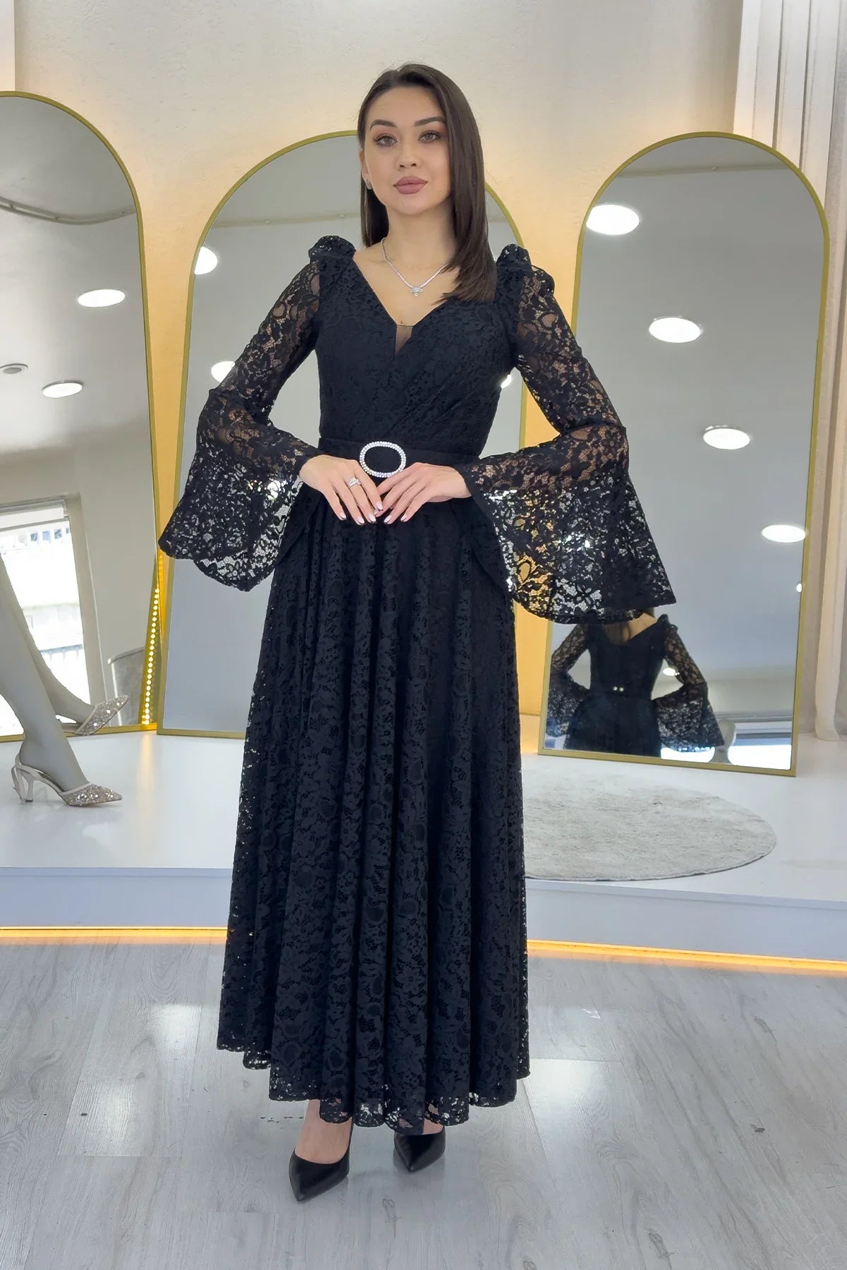 Women's Black Wrap Neck Kemer Detail Laceli Long Sleeve Midi Dress