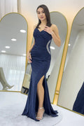 Navy Blue Glittery Maxi Evening Dress with Slit