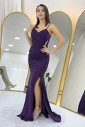 Purple Glittery Maxi Evening Dress with Slit