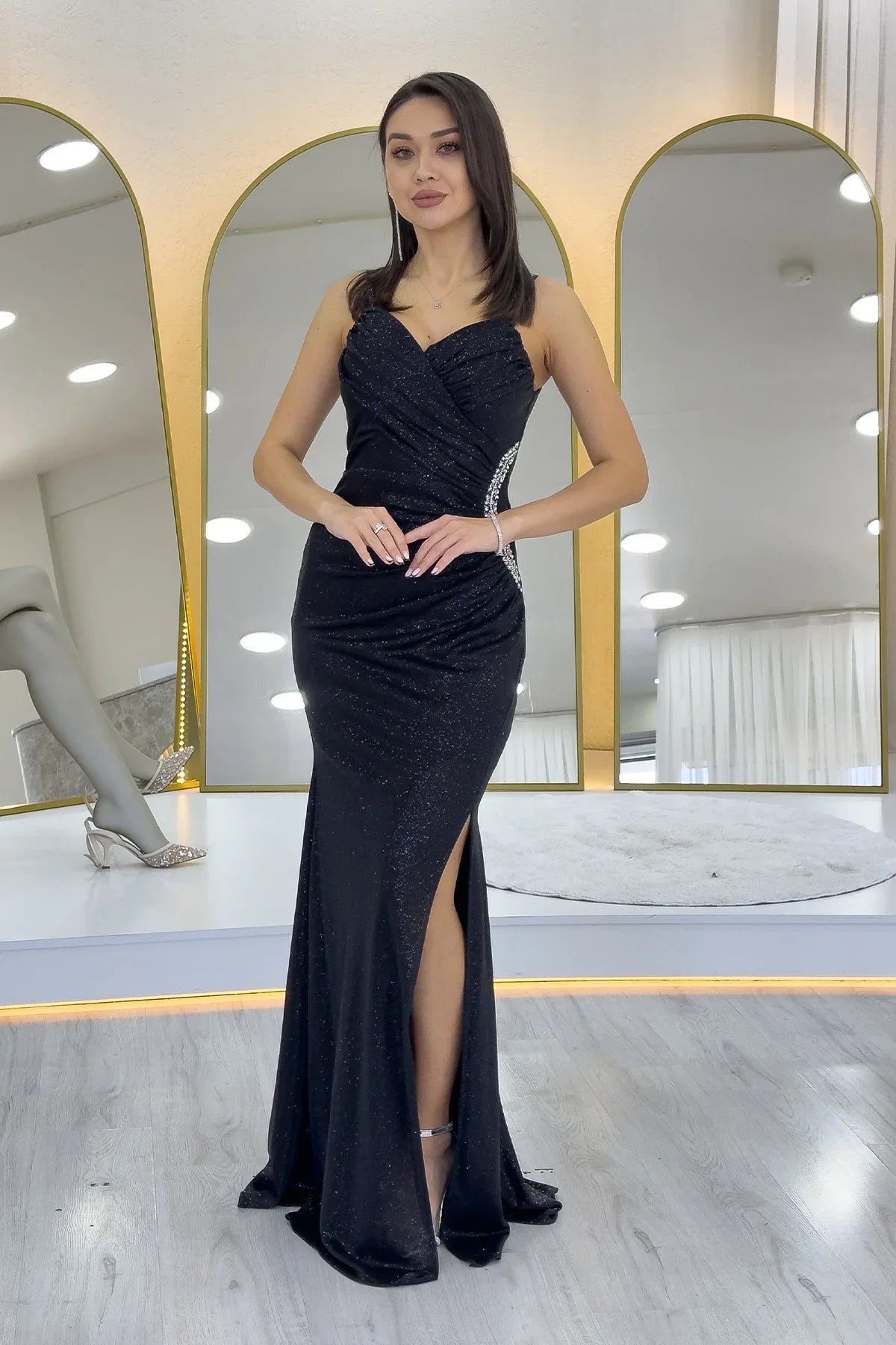 Women's Black Strap Wrap Neck Draped Crystal Embellished Glitter Evening Gown