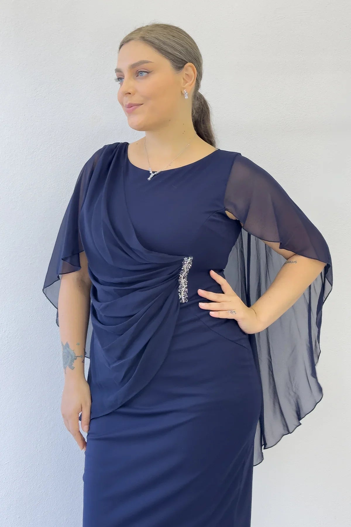 Women's Navy Blue Plus Size Midi Chiffon Pelerinli Evening Gown