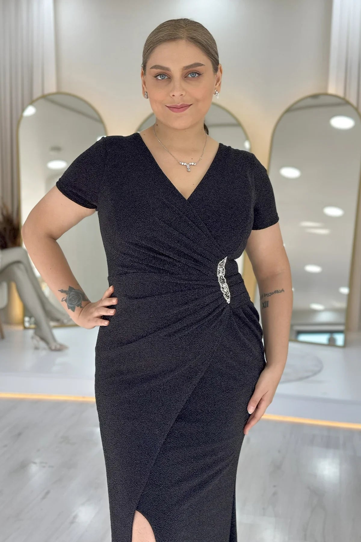 Women's Black Glitter Wrap Neck Crystal Embellished Plus Size Evening Gown