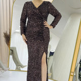 Braunes Pailletten-Maxi-Abendkleid