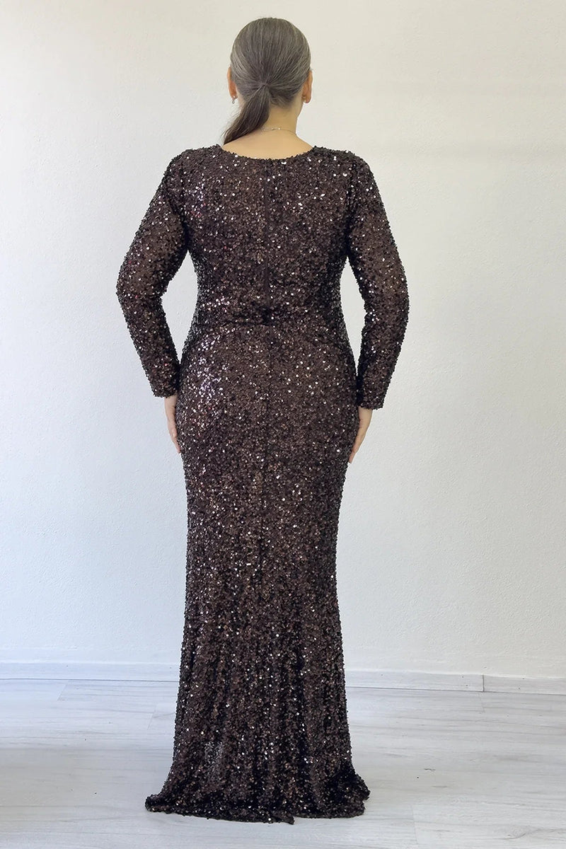 Women's Brown Long Sleeve Sequin Slit Plus Size Evening Gown