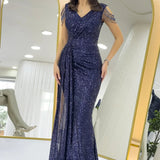 Navy Blue Sequined Maxi Evening Dress