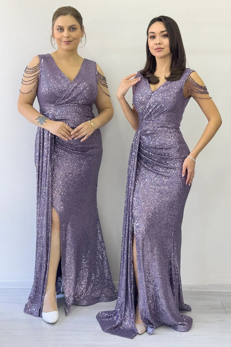 Women's Lilac Wrap Neck Omuz Detail Sequin Plus Size Evening Gown