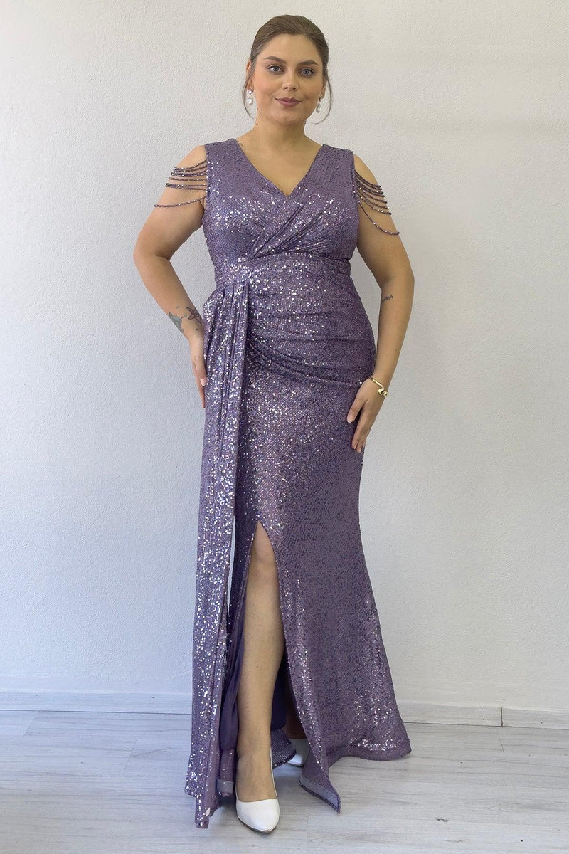 Women's Lilac Wrap Neck Omuz Detail Sequin Plus Size Evening Gown