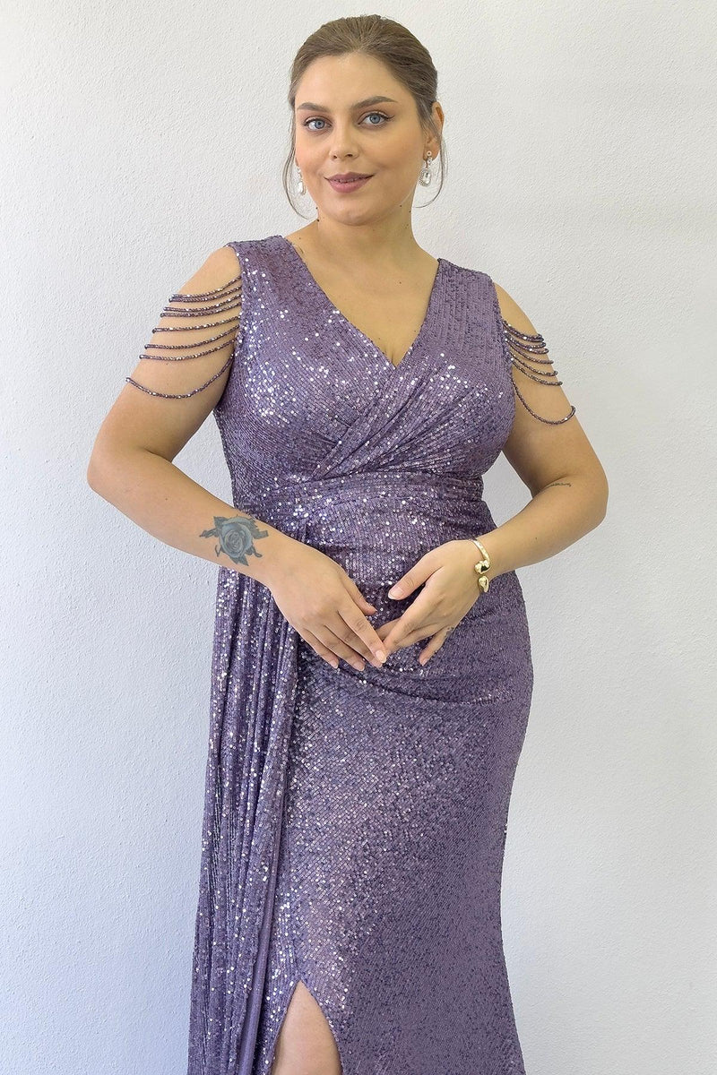 Women's Lilac Wrap Neck Omuz Detail Sequin Plus Size Evening Gown