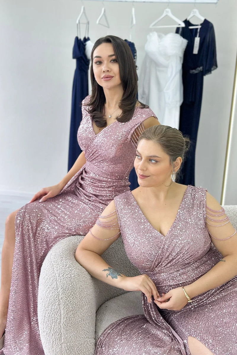 Women's Powder Pink Wrap Neck Omuz Detail Sequin Plus Size Evening Gown