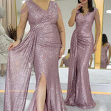 Powder Pink Sequined Maxi Evening Dress