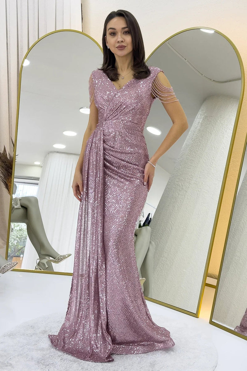 Women's Powder Pink Wrap Neck Omuz Detail Sequin Plus Size Evening Gown