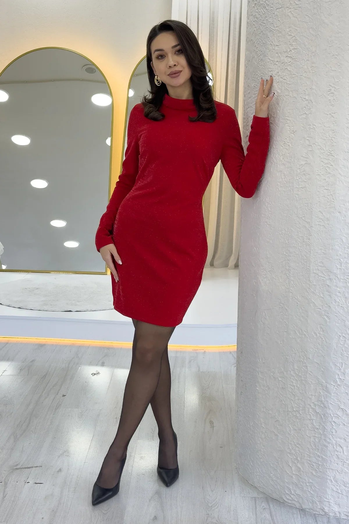 Women's Red High Neck Glitter Long Sleevelu Short Dress