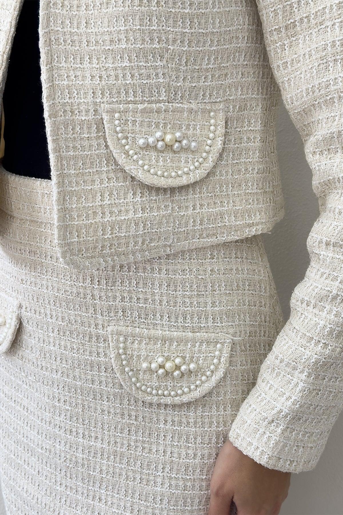 Women's Ecru İnci Detail Jacket Skirt Two-Piece Set