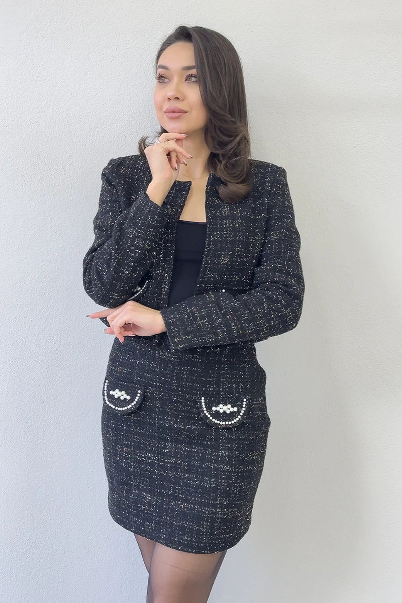 Women's Black İnci Detail Jacket Skirt Two-Piece Set