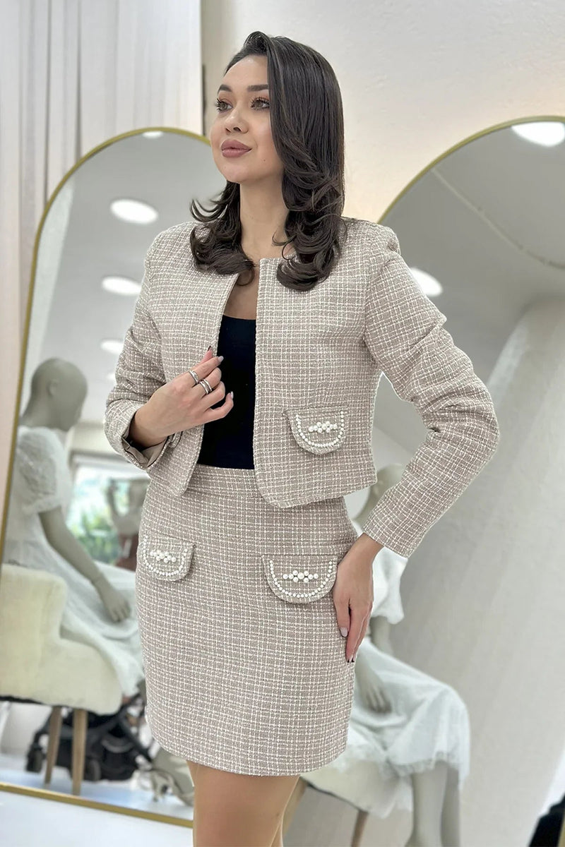 Women's Mink İnci Detail Jacket Skirt Two-Piece Set