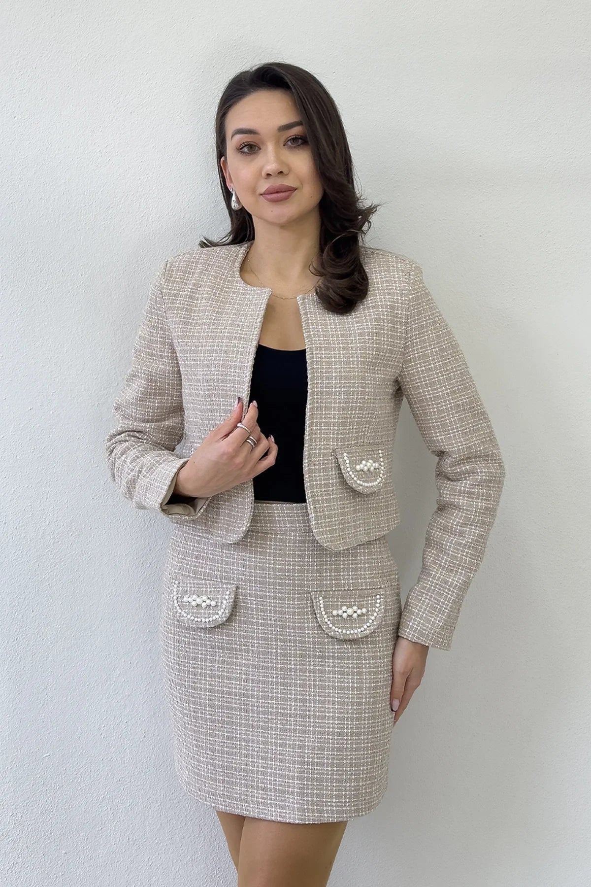 Women's Mink İnci Detail Jacket Skirt Two-Piece Set