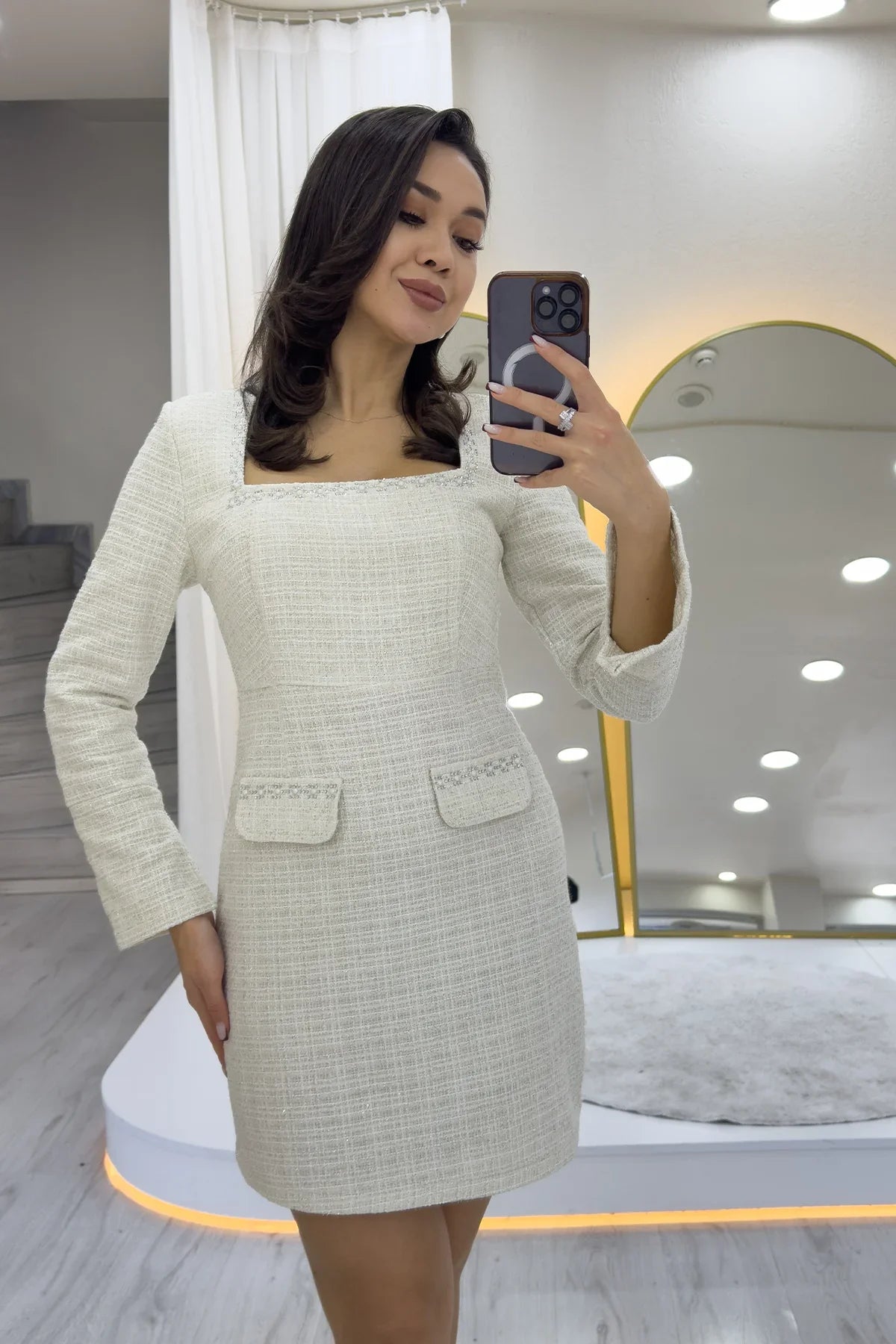 Women's Ecru Square Neck Crystal Embellished Tweed Dress