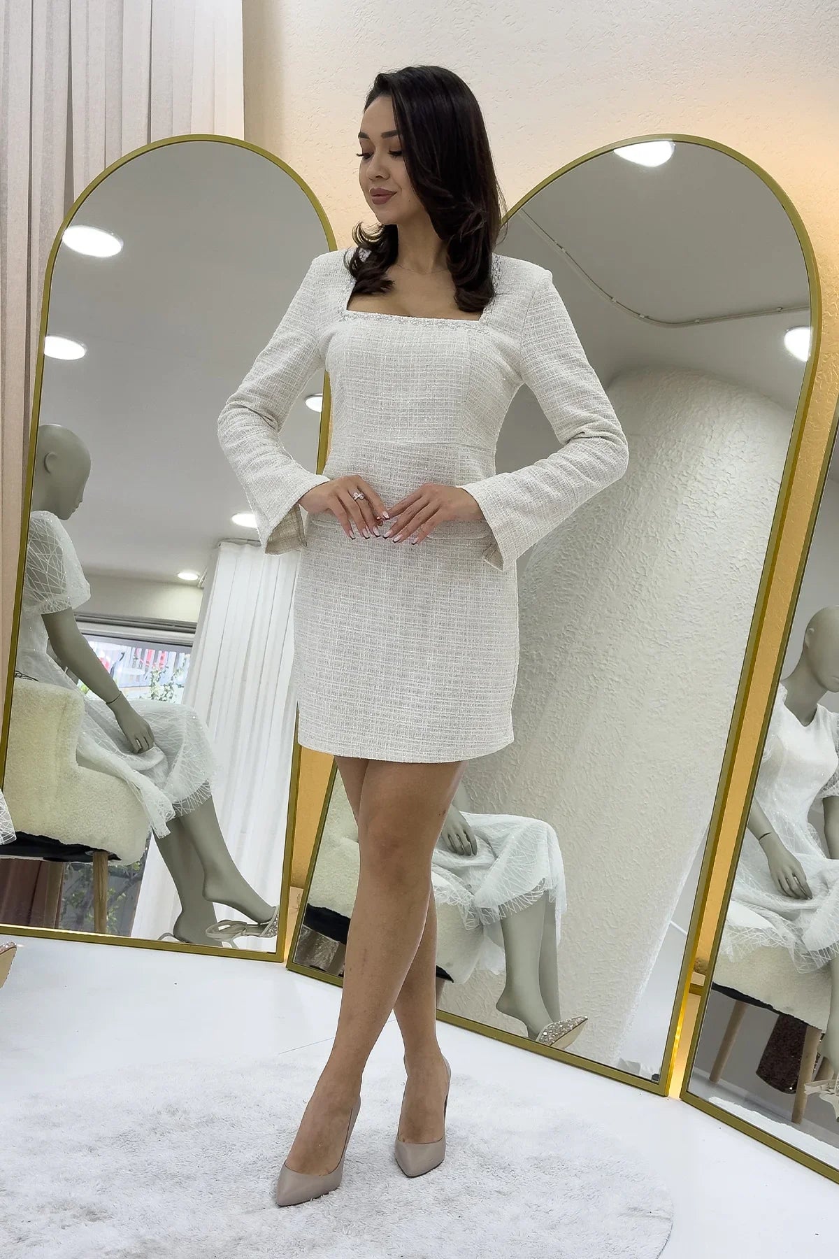 Women's Ecru Square Neck Crystal Embellished Tweed Dress