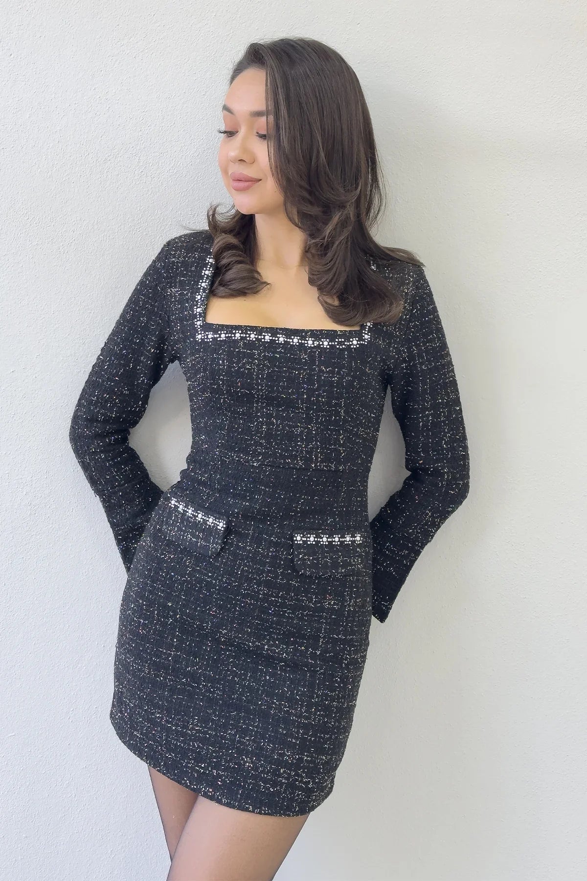 Women's Black Square Neck Crystal Embellished Tweed Dress