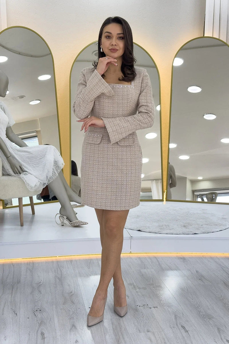 Women's Mink Square Neck Crystal Embellished Tweed Dress