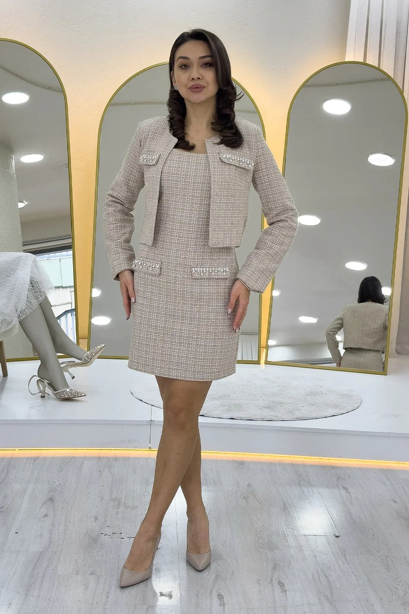 Women's Mink Crystal Embellished Jacket Dress Tweed Two-Piece Set