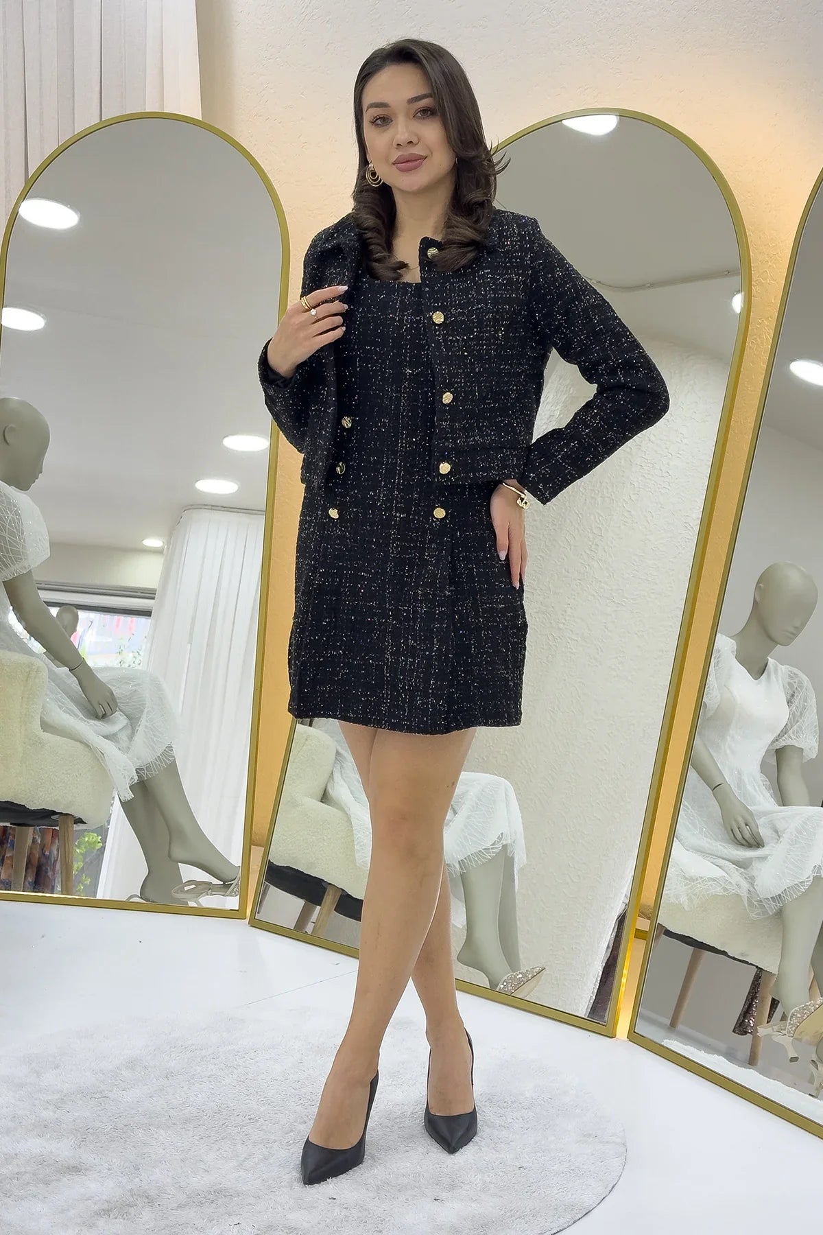 Women's Black Düğme Detail Jacket Dress Tweed Two-Piece Set