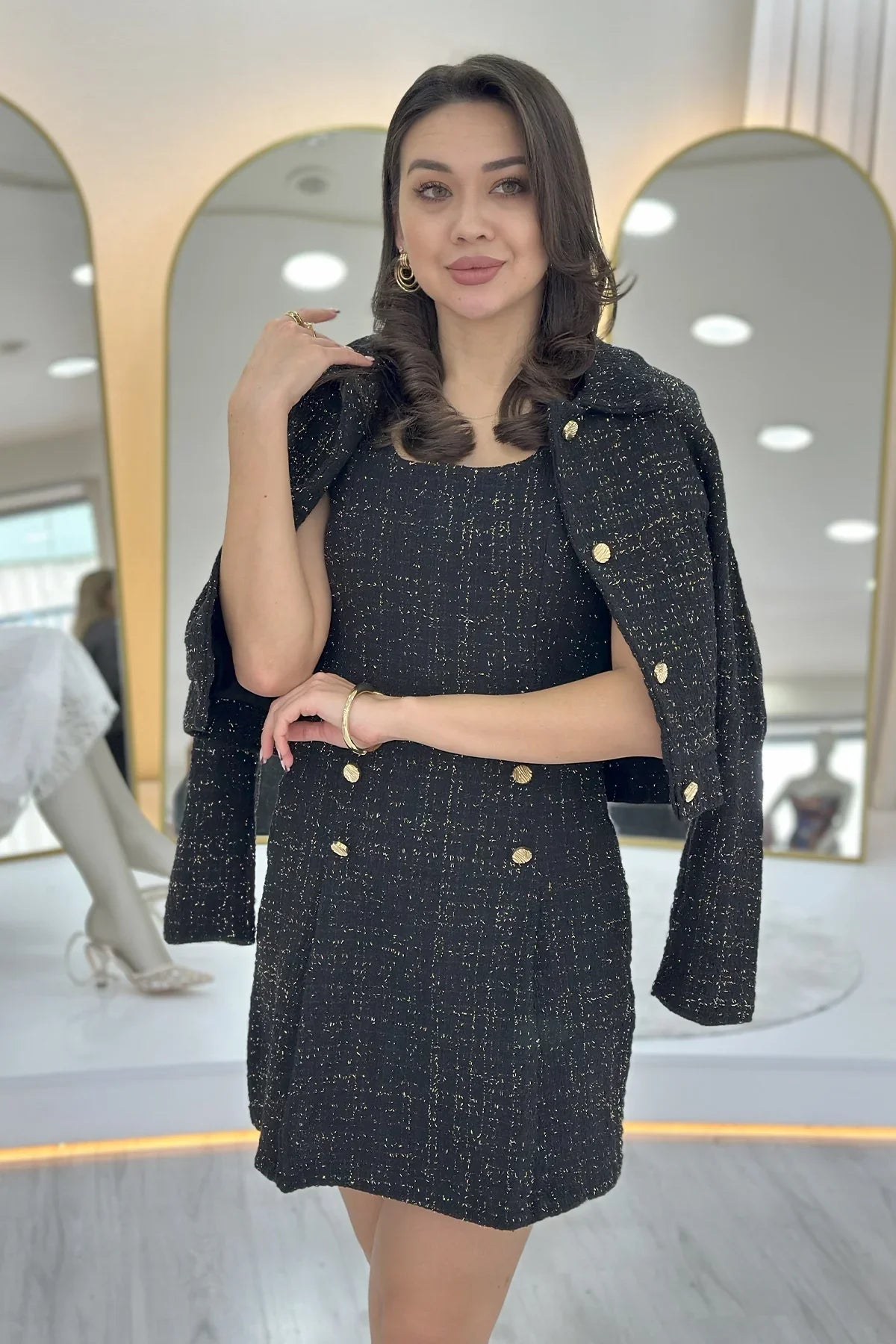 Women's Black Düğme Detail Jacket Dress Tweed Two-Piece Set