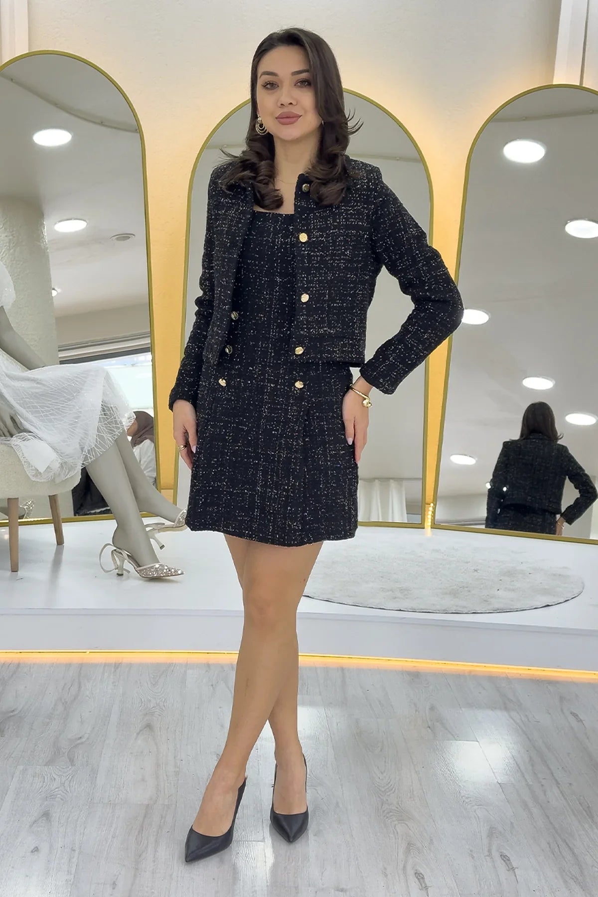 Women's Black Düğme Detail Jacket Dress Tweed Two-Piece Set