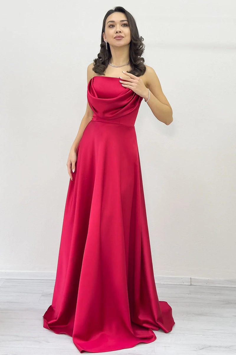 Women's Red Strapless Satin Long Evening Gown