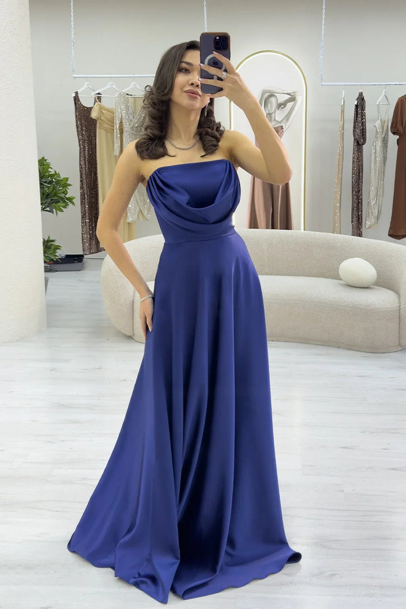 Women's Navy Blue Strapless Satin Long Evening Gown