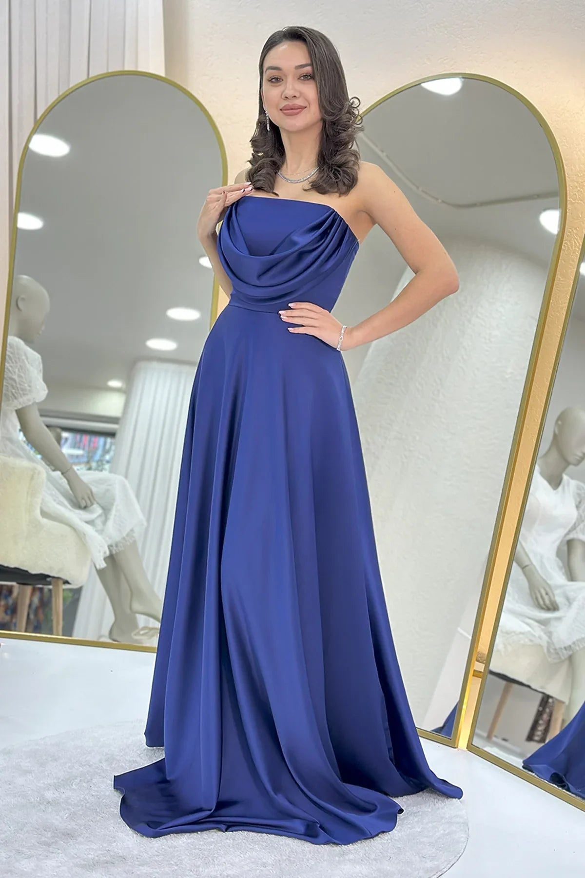 Women's Navy Blue Strapless Satin Long Evening Gown